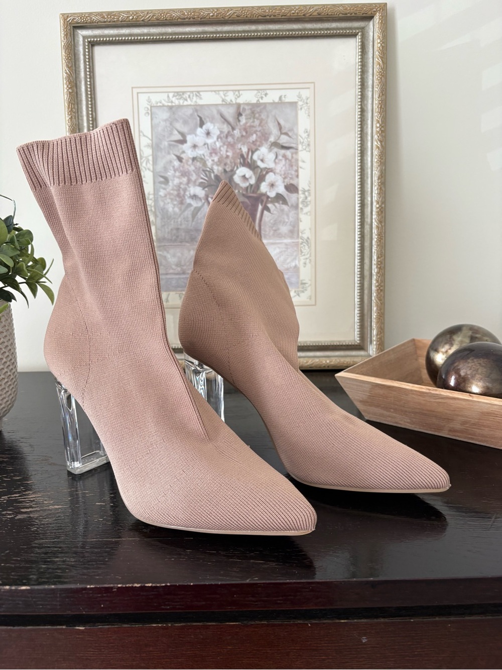 Sock Booties with Clear Block Heel